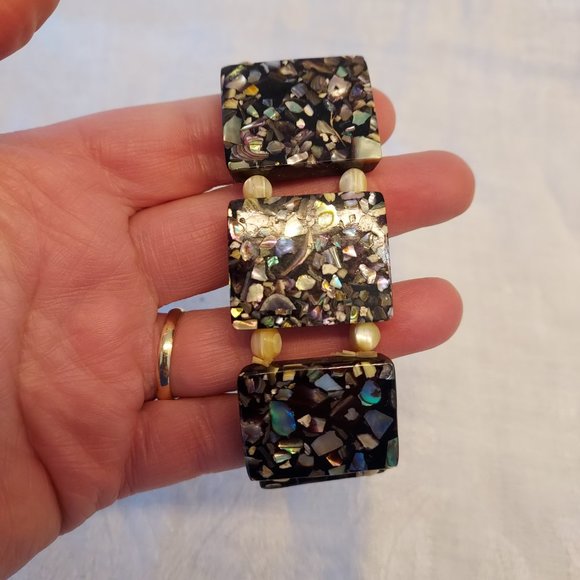 Vintage 1950's mosaic Abalone & mother of peal black block bracelet - Picture 5 of 9